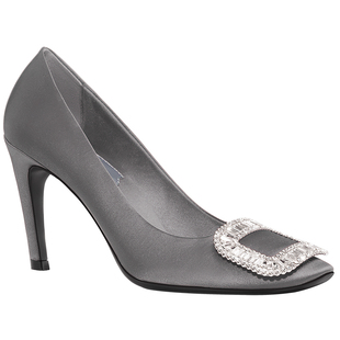 三十而已王漫妮同款灰色绸缎圆头细高跟rv水钻方扣宴会婚鞋女单鞋