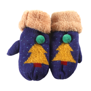 圣诞节4-7岁儿童手套冬天可爱卡通加绒加厚保暖带挂脖绳连指手套5