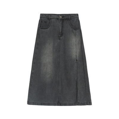 s.deer高腰做旧开叉水洗牛仔长裙