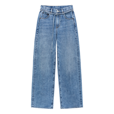 HeyJoanie HJ059暮光腰带弯刀阔腿裤子高腰宽松弧形显瘦牛仔长裤