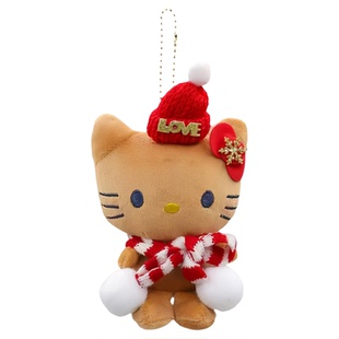 日本正版三丽圣诞节hello kitty圣诞黑皮围巾毛绒公仔玩偶包挂件