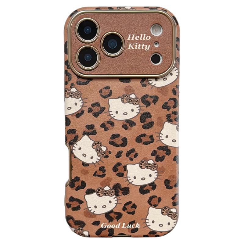 jze 棕色豹纹HelloKitty折叠支架适用苹果17ProMax手机壳iphone15新款16pro女13超好看15pro仿皮防摔保护套14