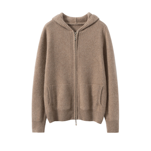 秋冬新款100%纯山羊绒开衫女加厚拉链连帽毛衣宽松针织打底衫外套