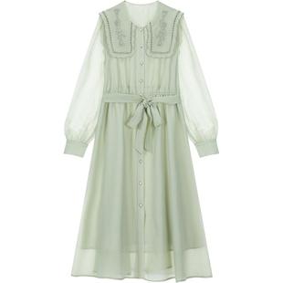 LAGOGO浅绿色绣花雪纺连衣裙女拉谷谷春季款薄荷曼波风海军领裙子