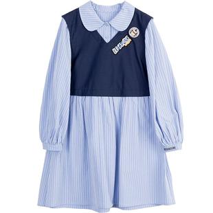 KEIKO 蝴蝶结girl学院风假两件连衣裙2025秋季显瘦蓝色条纹衬衫裙