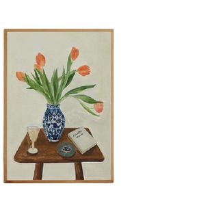 中古风惬意悠闲花瓶人物装饰画替换内芯原木奶油风未装裱自粘海报