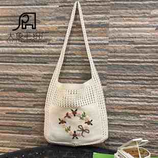 新品 女士手提钩花手绣毛线单肩包手工编织森女系针织刺绣包