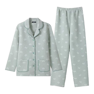 三枪三层夹棉睡衣女冬季开襟长袖空气棉情侣加厚保暖家居服套装男