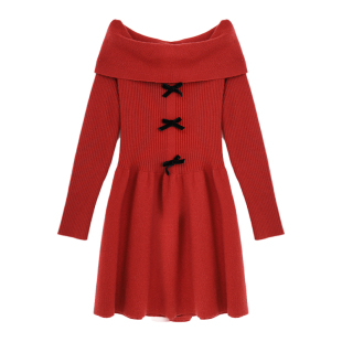 西町村屋一字翻边领连衣裙女装秋冬季新款蝴蝶结针织裙AD8502537