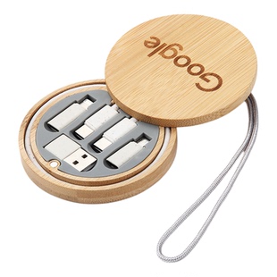 环保便携式六合一竹木数据线收纳盒套装多功能生存充电线定制logo