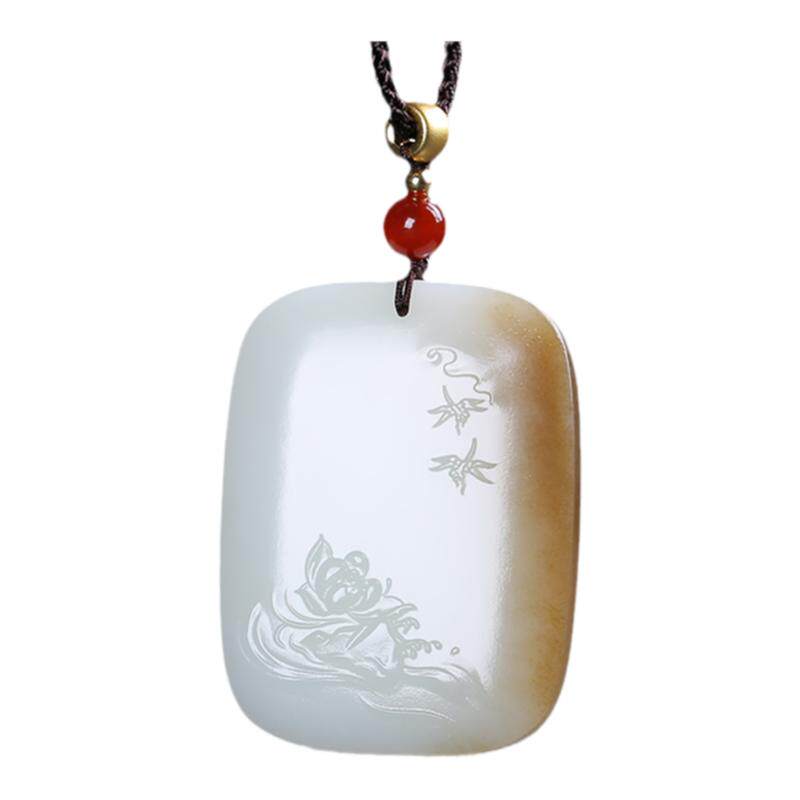 和田玉莲花蜻蜓吊坠糖白玉玉牌