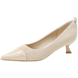 裸色尖头小跟猫跟气质软皮细跟单鞋高跟鞋女2024春夏三公分不累脚