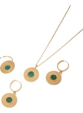 法式度假风复古草帽绿玉髓项链轻奢小众高级感耳环气质纯银戒指女