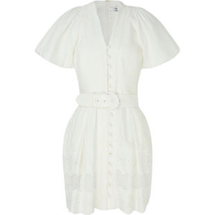 Rebecca Vallance  春夏女配腰带亚麻混纺连衣裙小白裙