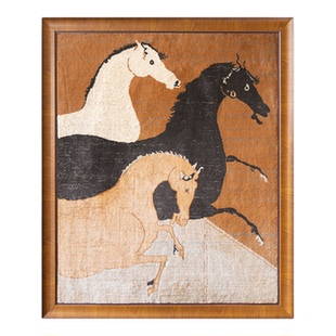 若奈 三马并驰织毯画!大地色系挂画主画客厅书房新年装饰画