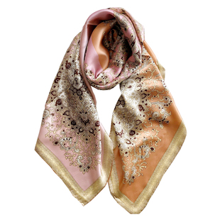 韵味腰果花 四格拼接重磅真丝素绉缎桑蚕丝丝巾110大方巾防晒披肩