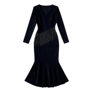 高档奢华包臀鱼尾连衣裙女士秋冬新款大气收腰晚宴黑色礼服长裙子