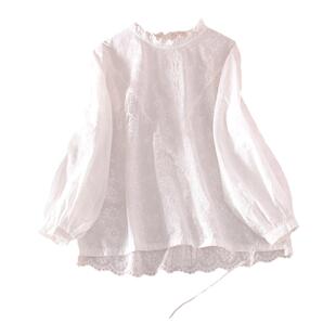 白色花边领百搭衬衫女长袖纯棉慵懒风春季内搭上衣刺绣镂空花衬衣