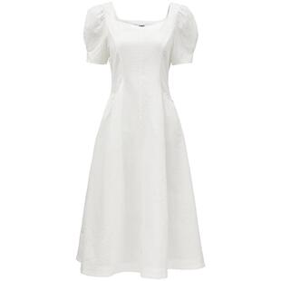 ONLY2026春季新款气质复古方领纯色公主收腰泡泡袖中长款连衣裙女