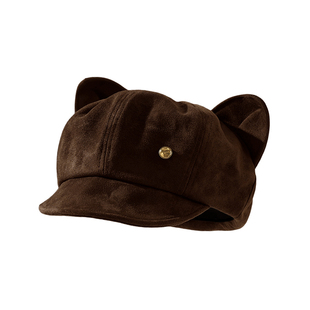 猫耳朵贝雷帽子女2025秋冬新款显脸小复古仿麂皮绒八角画家报童帽