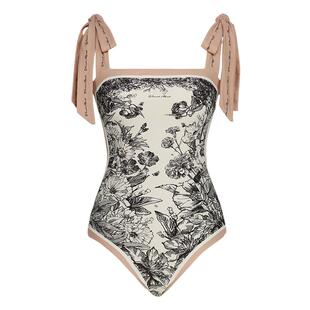 visual mood泳衣女法式高级双面复古粉印花温泉海边度假连体泳装