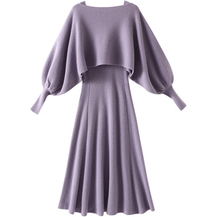 浪漫仙女~可斜肩一字领羊绒衫女纯羊绒毛衣长款吊带连衣裙子套装