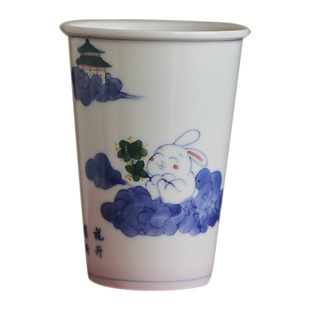 勾画茶器 200ML景德镇青花杯子陶瓷水杯生肖手绘兔子可乐杯暖手杯