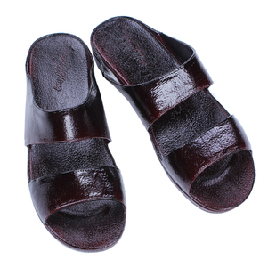 女士老款台湾冠铭阿婆中老年奶奶家居室内软胶坡跟漆皮二字油拖鞋