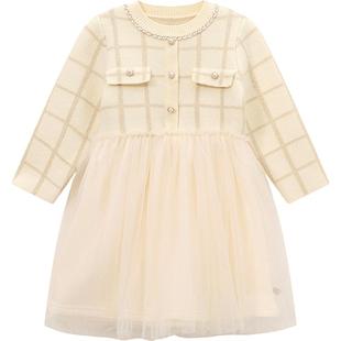 笛莎女童裙子冬季新款新年装拜年服宝宝小香风加绒网纱连衣裙套装