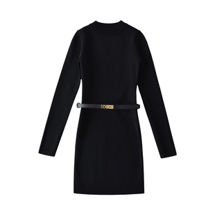 YoungGirlDay御姐纯欲性感紧身长袖打底针织包臀连衣裙短裙含腰带