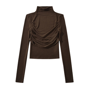 YoungGirlDay纯欲基础款小高领胸前褶皱修身显瘦长袖打底T恤上衣