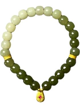 和田玉手串晴水渐变桶珠配古法银镀24K金原创设计款优雅贵气7*8mm