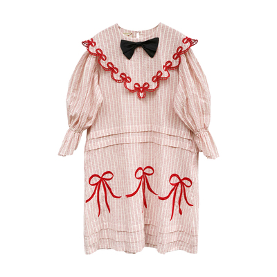 85折【Unlogical Poem】法式复古文艺少女感翻领蝴蝶结刺绣连衣裙