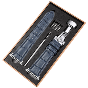 适用iwatch10苹果s9手表applewatch8蓝色真皮s10表带s7高级智能运动6创意5小众皮质女SE新款42男46 4549ultra