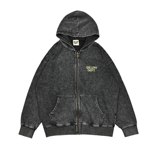 gallery dept美式高街潮牌复古做旧字母印花宽松纯棉开衫连帽卫衣