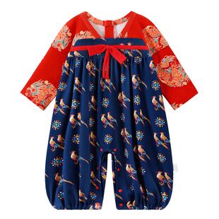 龙喜年新年婴儿满月宝宝衣服女红纯棉百天周岁中式唐装汉服连体春