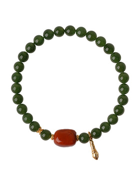 收藏级保山满肉南红手串男女款菠菜绿和田碧玉安心神开运玉石手链