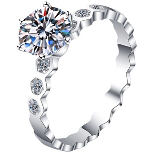 进口莫桑石钻戒宋慧乔同款蜂巢纯银镶嵌镀18K白金戒指女日韩时尚