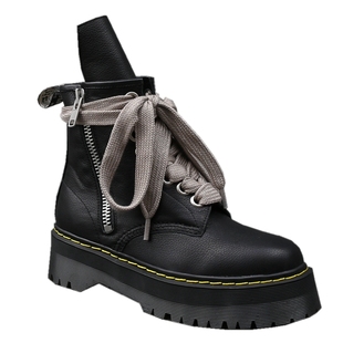 R马丁靴O外侧拉链宽鞋带圆头绑带厚底外增高男女短筒靴子头层牛皮