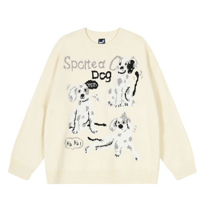 UNLG美式复古提花圆领小狗毛衣男秋冬季宽松休闲慵懒风针织衫上衣