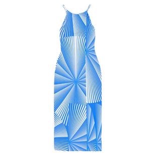 QSC原创设计扇形蓝色迷幻印花修身吊带连衣裙长款露背开叉长裙子