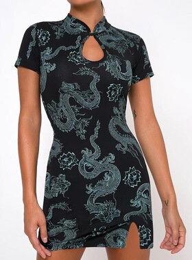 N 90669 Retro Slit Cheongsam Dress 复古旗袍裙 欧美跨境