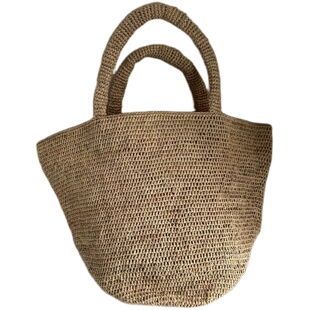 拉菲草手工编织小号水桶包草编包沙滩包女士法式夏季米色天然植物