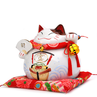 日本陶瓷财扇招财猫摆件开业礼物前台入户玄关装饰发财猫乔迁新居