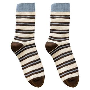 条纹袜子女韩国东大门秋冬季撞色韩版双针棉袜2024新款拼色中筒袜