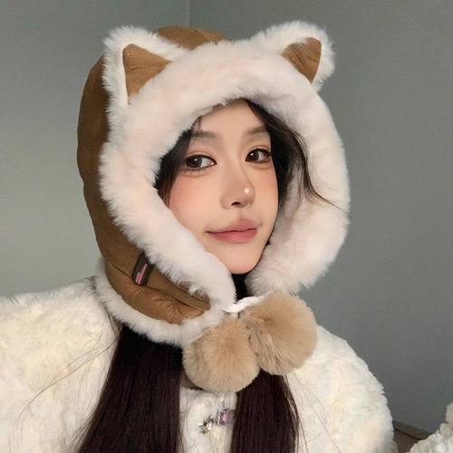 狐狸耳朵毛绒帽子女款秋冬季可爱2025新款保暖骑车防寒东北雷锋帽