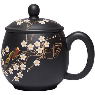 宜兴紫砂杯堆绘花鸟变色梅花盖杯个人专用石黄泡茶杯功夫茶具家用