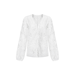 Bettychow 白色棉质镂空刺绣宽松衬衫法式复古风长袖V领上衣