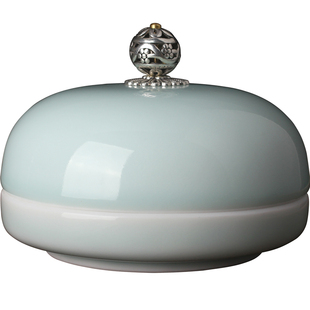 龙泉青瓷文房四宝陶瓷朱砂瓷缸高盖提环书法印泥盒胭脂盒篆刻书画