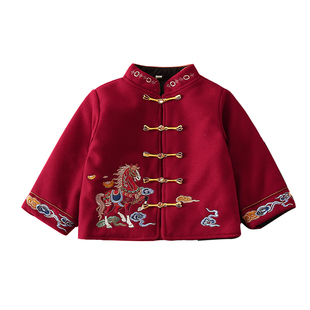 南央儿童新中式加厚外套秋冬季马年拜年服男童红色唐装夹棉上衣